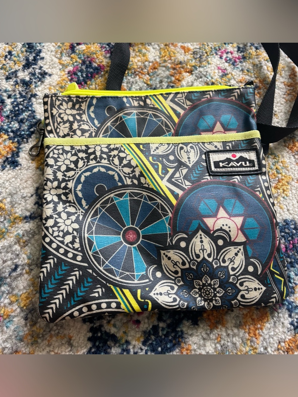 Kavu Teal & Black Patterned Nylon crossbody purse with Yellow Trim waterproof